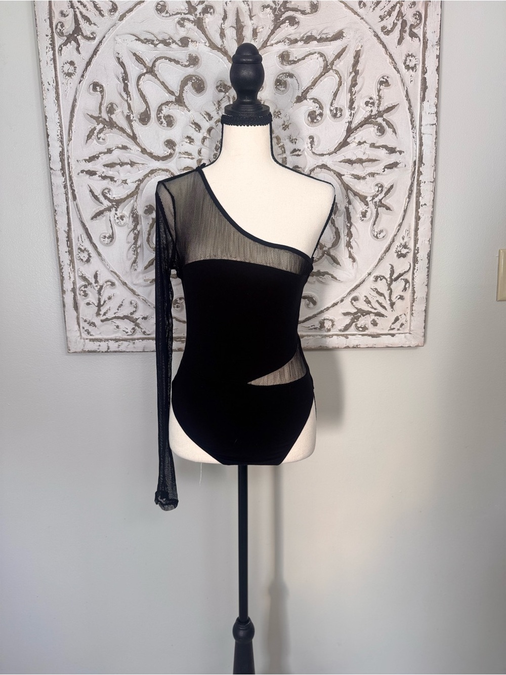Forever 21 L Black Mesh One Shoulder Bodysuit Long Sleeve Cutout Going Out
